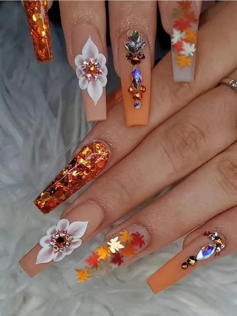 Orange Autumn Floral Nail Art Set - Women Makeup
